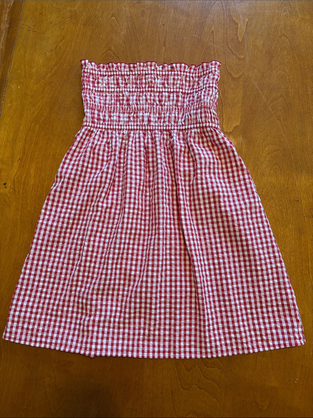 Free People Red and White Gingham Smocked Strapless Dress